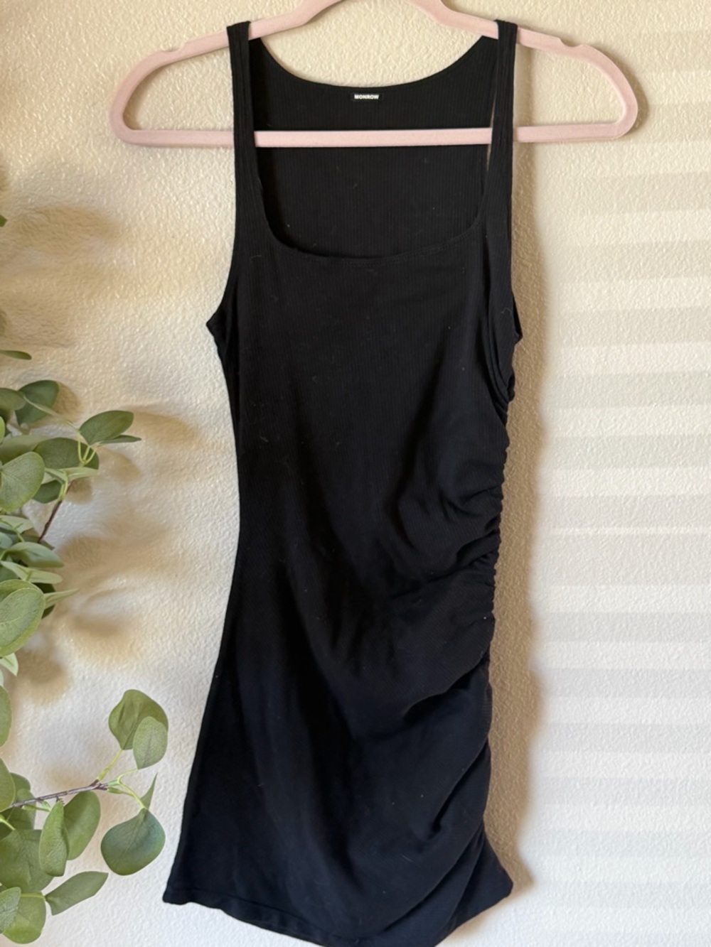 Monrow Black Ribbed Tank Top with Logo Tag